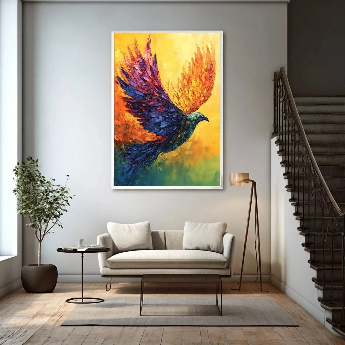 FLIGHT OF FANCY: Textured Impasto Bird Oil Painting | black frame version on white wall