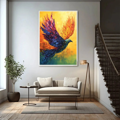 FLIGHT OF FANCY: Textured Impasto Bird Oil Painting | black frame version on white wall