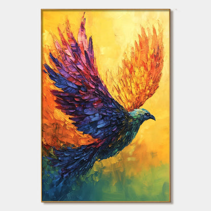 FLIGHT OF FANCY: Textured Impasto Bird Oil Painting | hanging in FLIGHT OF FANCY: Textured Impasto Bird Oil Painting featuring layered textured brushwork in refined tones; abstract composition with...