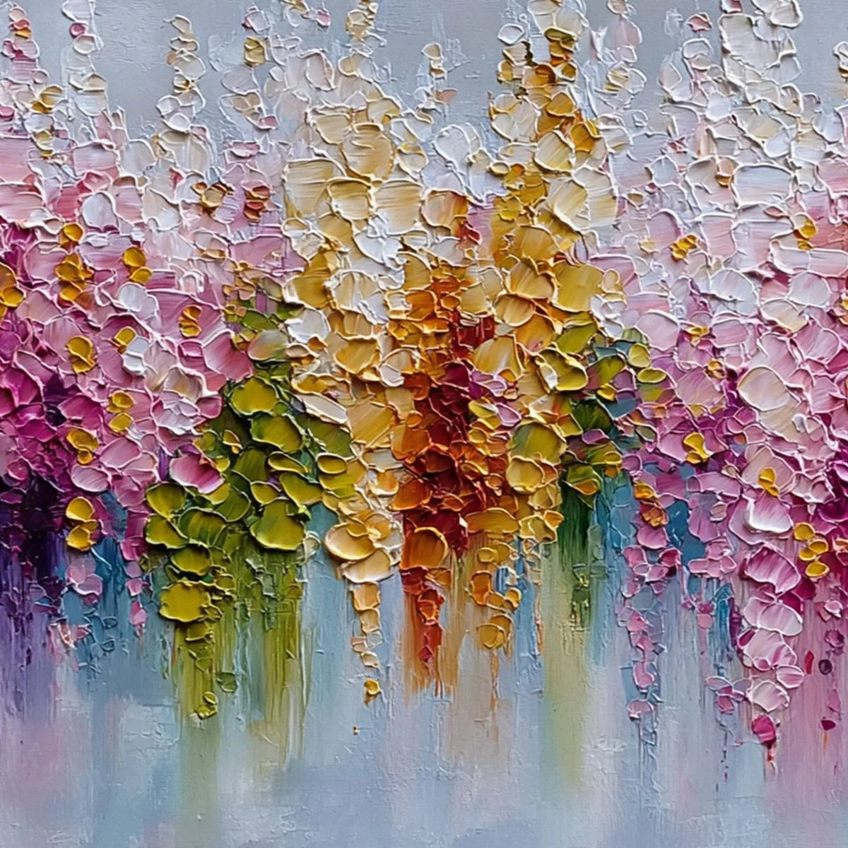 FLORAL CASCADE: Colorful Abstract Floral Impasto Palette Knife Painting | rectangular format, hand-painted canvas edge
