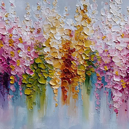 FLORAL CASCADE: Colorful Abstract Floral Impasto Palette Knife Painting | rectangular format, hand-painted canvas edge