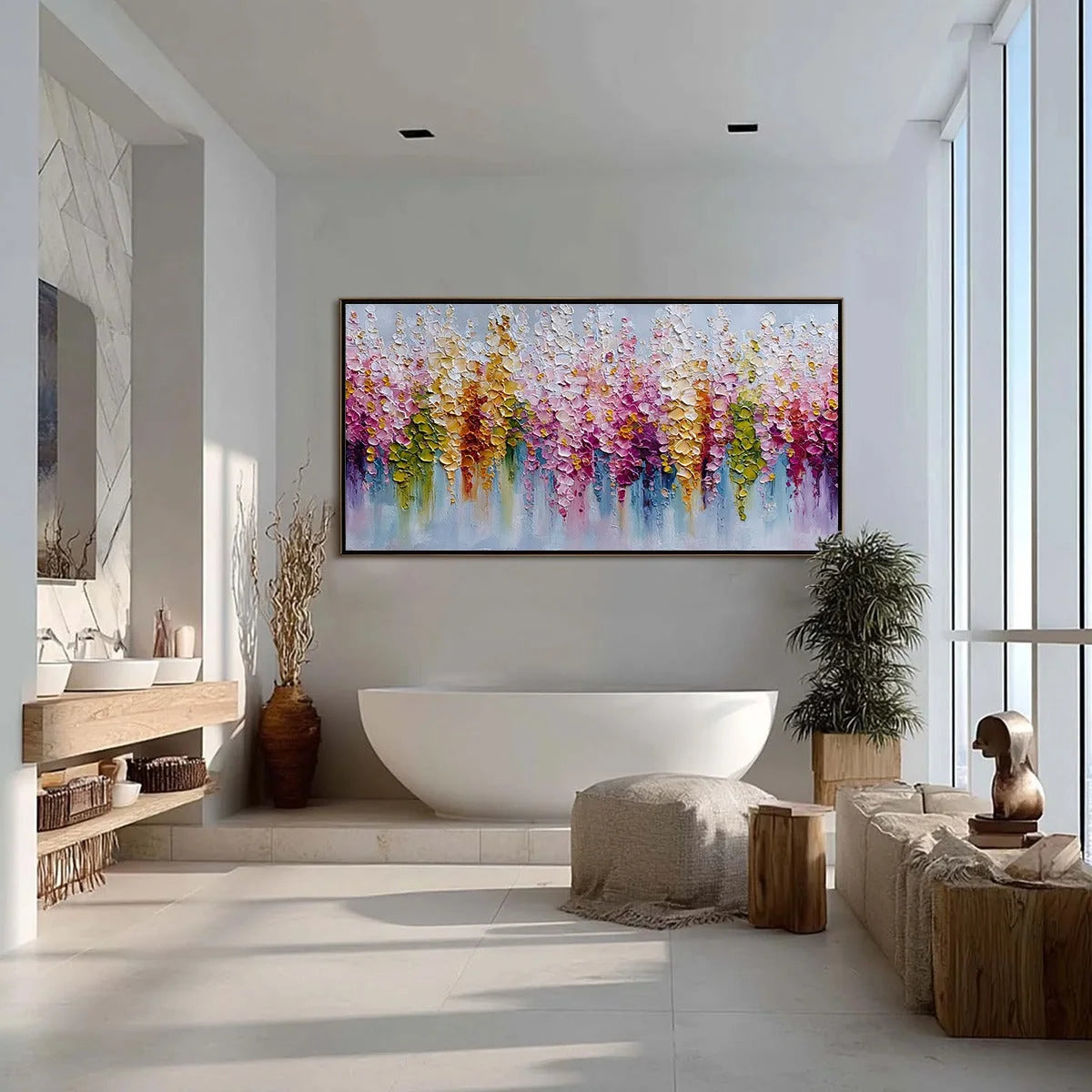 FLORAL CASCADE: Colorful Abstract Floral Impasto Palette Knife Painting | gold frame stretched on neutral wall