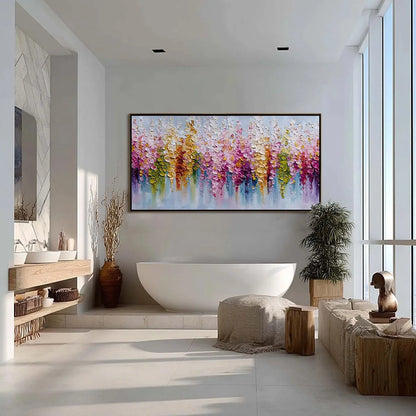 FLORAL CASCADE: Colorful Abstract Floral Impasto Palette Knife Painting | gold frame stretched on neutral wall