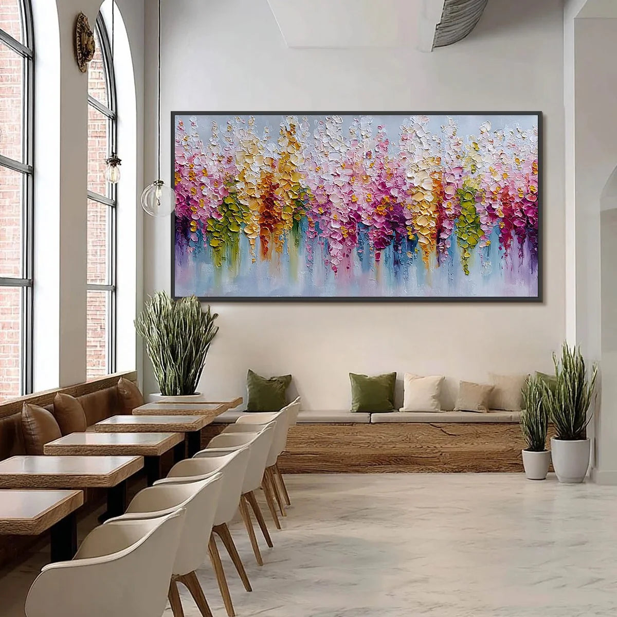 FLORAL CASCADE: Colorful Abstract Floral Impasto Palette Knife Painting | black frame version on white wall