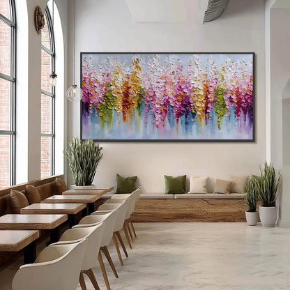 FLORAL CASCADE: Colorful Abstract Floral Impasto Palette Knife Painting | black frame version on white wall