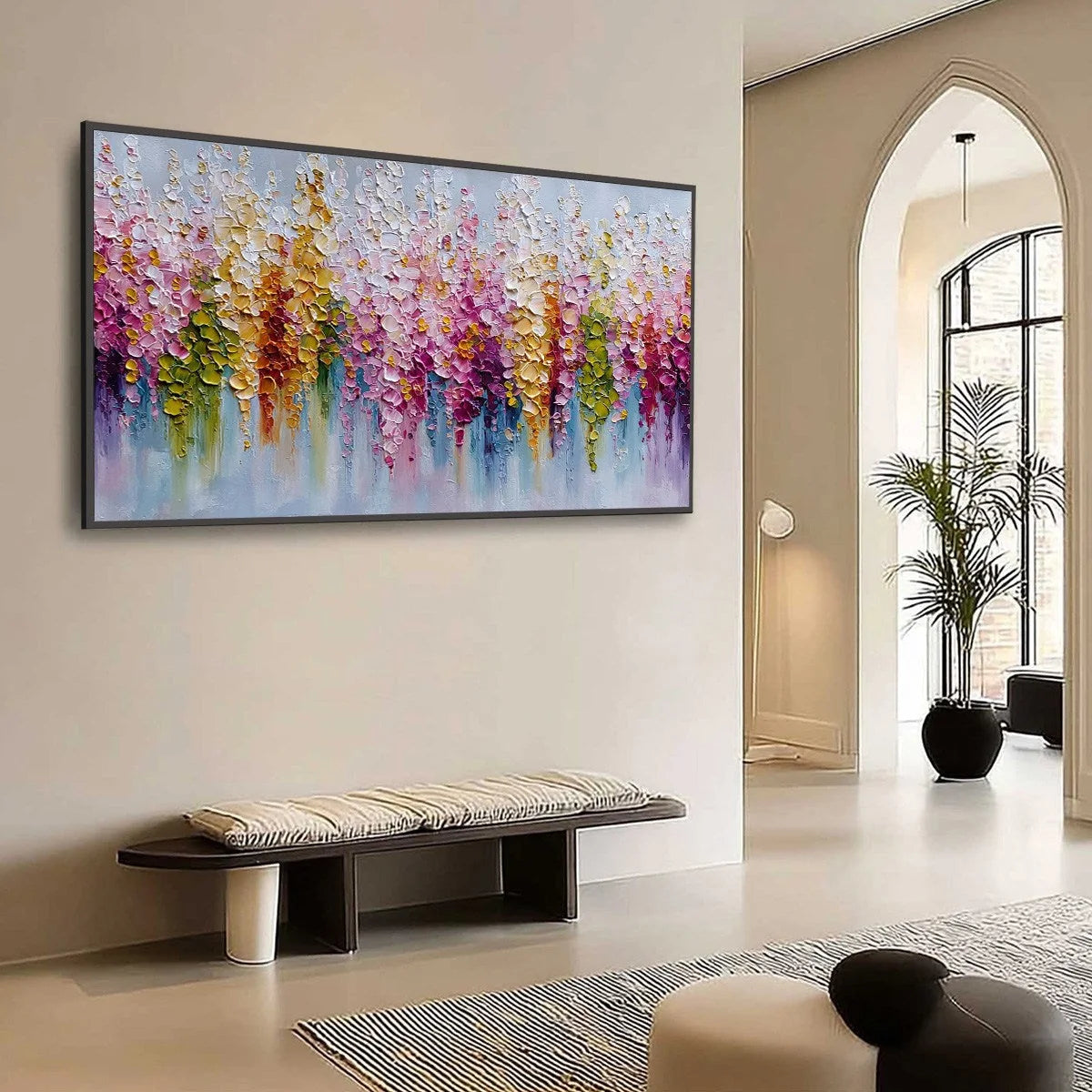 FLORAL CASCADE: Colorful Abstract Floral Impasto Palette Knife Painting | Abstract mood, soft natural light studio shot