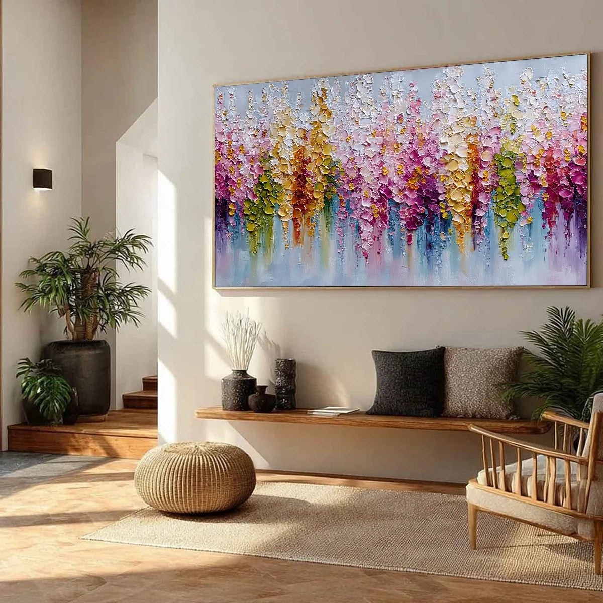 FLORAL CASCADE: Colorful Abstract Floral Impasto Palette Knife Painting | beige palette, original Hand-painted on premium stretched canvas using artist-grade oils; rich layered surface combines smo...
