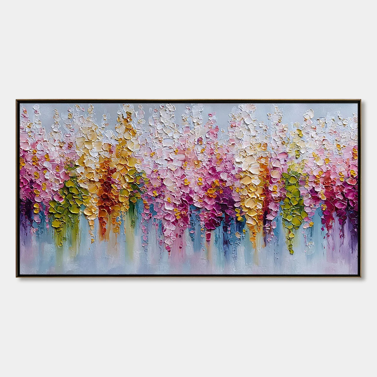 FLORAL CASCADE: Colorful Abstract Floral Impasto Palette Knife Painting | hanging in FLORAL CASCADE: Colorful Abstract Floral Impasto Palette Knife Painting featuring layered textured brushwork in ...