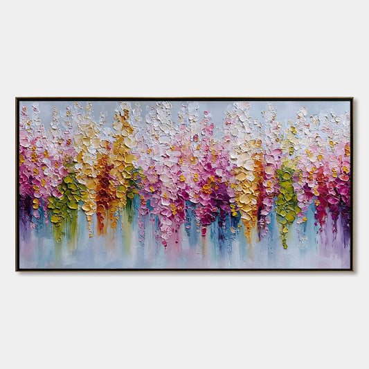 FLORAL CASCADE: Colorful Abstract Floral Impasto Palette Knife Painting | hanging in FLORAL CASCADE: Colorful Abstract Floral Impasto Palette Knife Painting featuring layered textured brushwork in ...