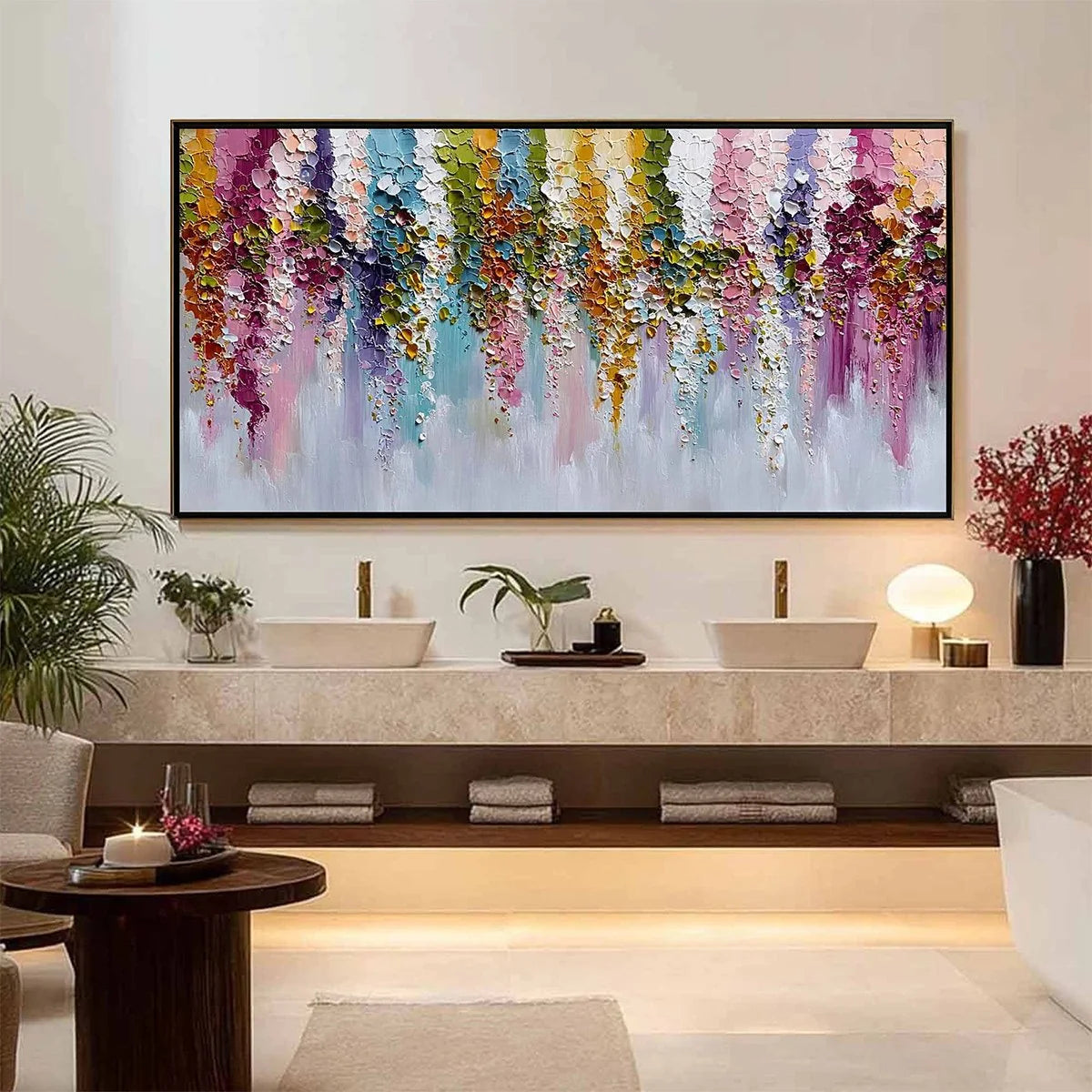 Floral Cascade Heavy Texture Abstract Floral Oil Painting Wall Art | Abstract closeup, raised brushwork detail