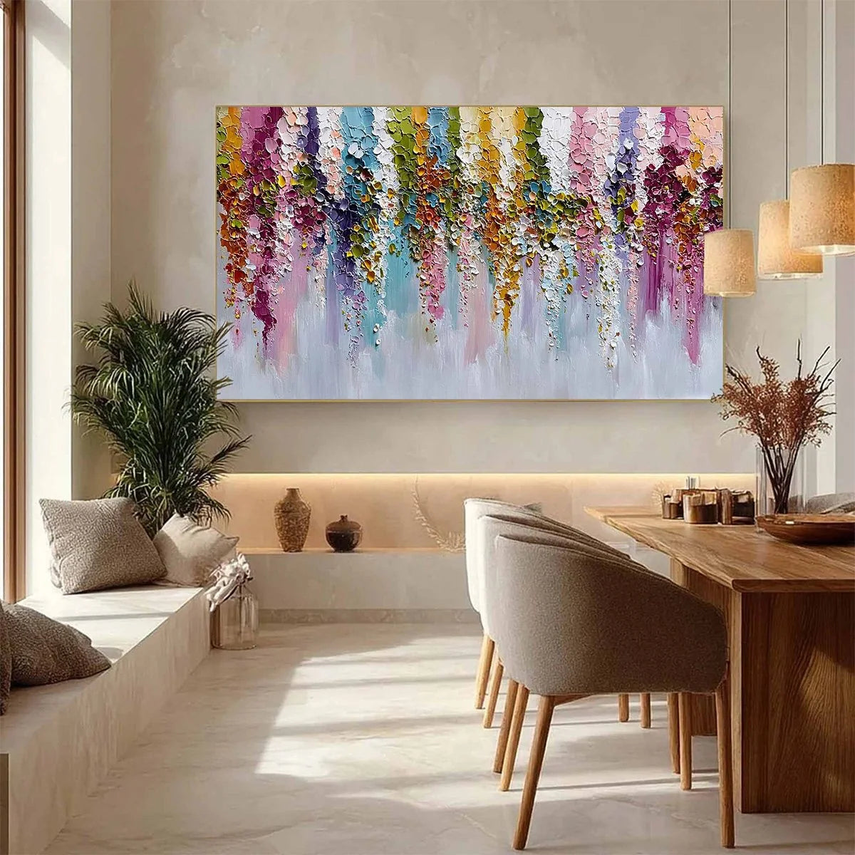 Floral Cascade Heavy Texture Abstract Floral Oil Painting Wall Art | gold frame stretched on neutral wall