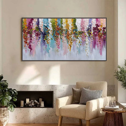 Floral Cascade Heavy Texture Abstract Floral Oil Painting Wall Art | black frame version on white wall