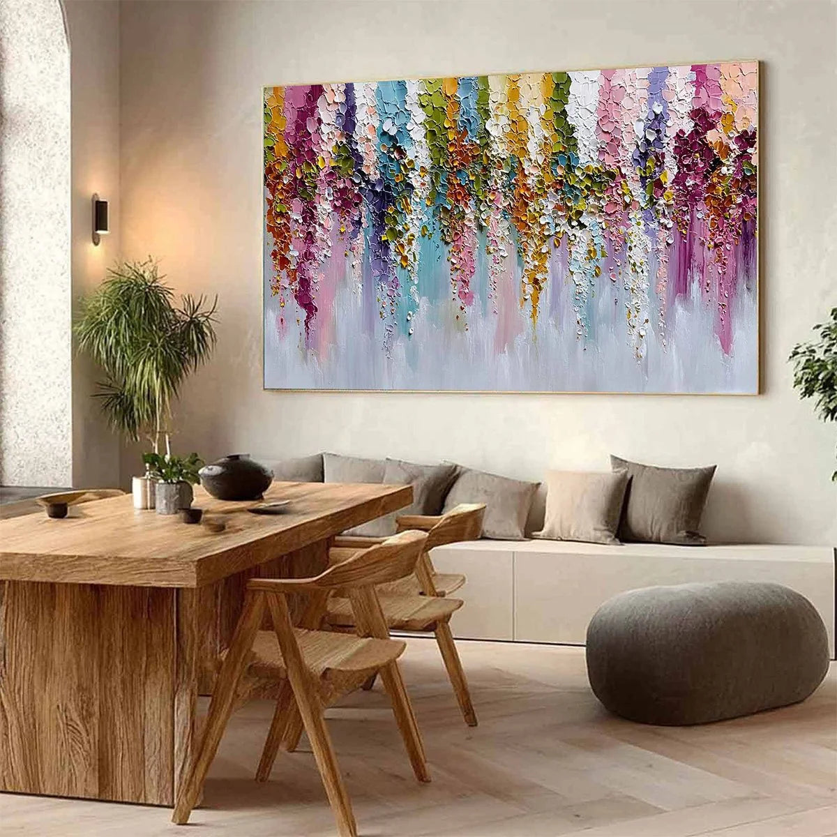 Floral Cascade Heavy Texture Abstract Floral Oil Painting Wall Art | Abstract mood, soft natural light studio shot
