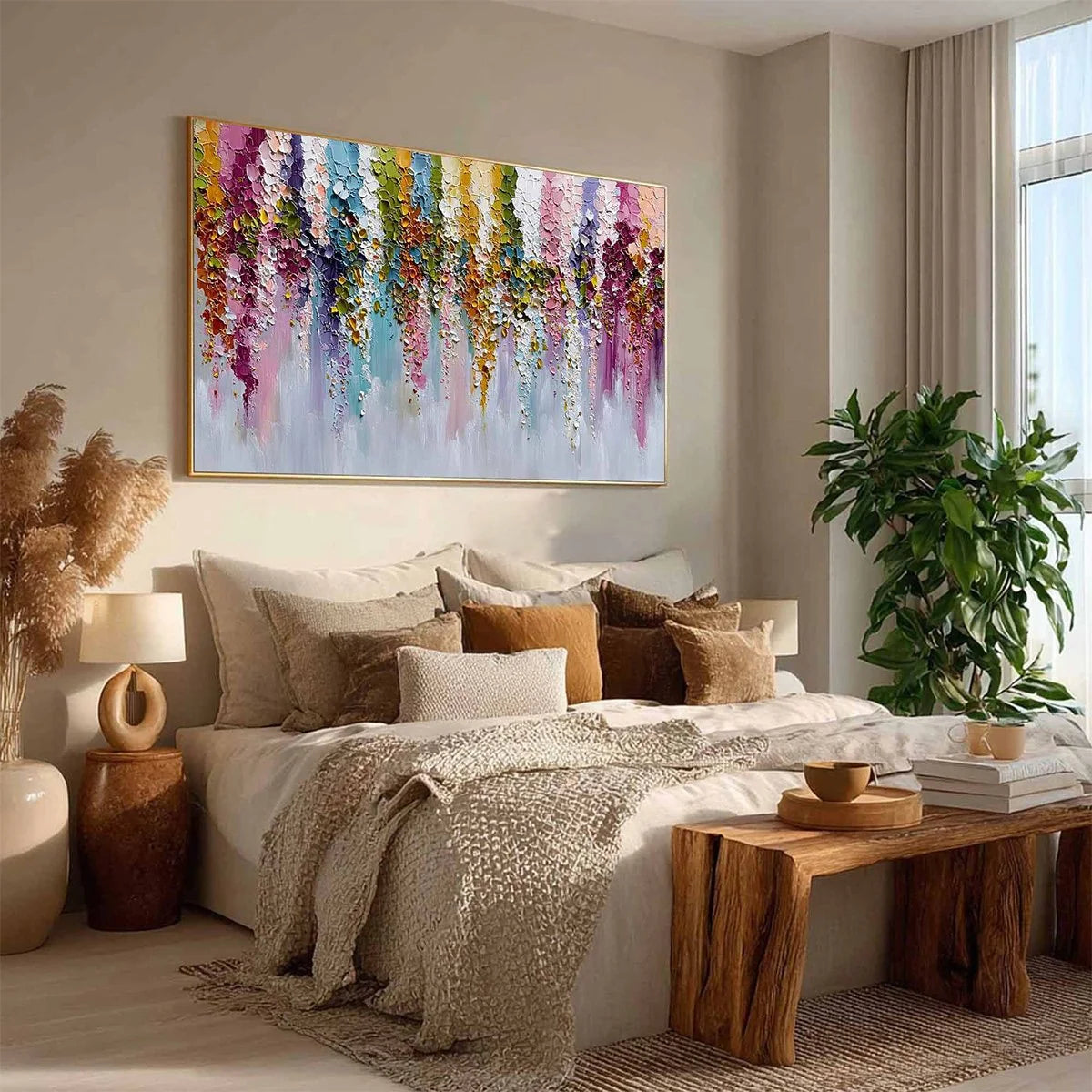 Floral Cascade Heavy Texture Abstract Floral Oil Painting Wall Art | beige palette, original Hand-painted on premium stretched canvas using artist-grade oils; rich layered surface combines smooth g...