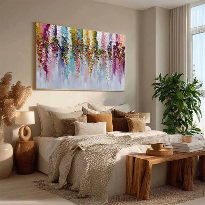 Floral Cascade Heavy Texture Abstract Floral Oil Painting Wall Art | beige palette, original Hand-painted on premium stretched canvas using artist-grade oils; rich layered surface combines smooth g...