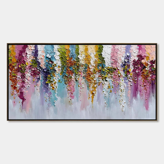 Floral Cascade Heavy Texture Abstract Floral Oil Painting Wall Art | hanging in Floral Cascade Heavy Texture Abstract Floral Oil Painting Wall Art featuring layered textured brushwork in refined to...