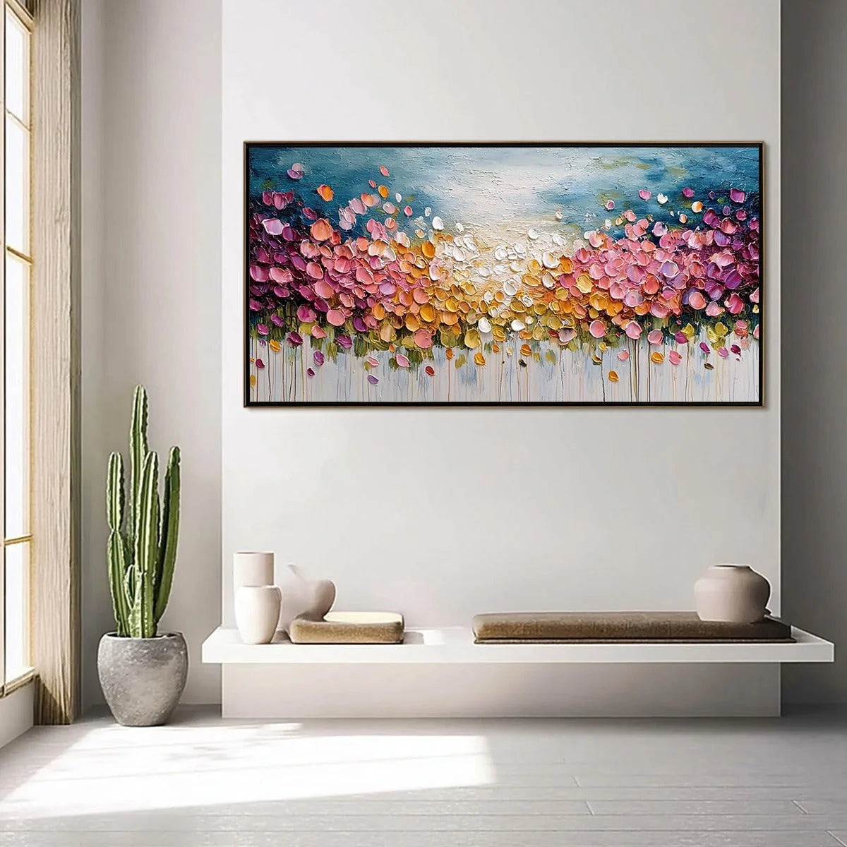 FLORAL CONFETTI: Vibrant Textured Palette Knife Floral Landscape Painting | gold frame stretched on neutral wall