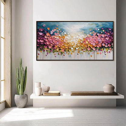 FLORAL CONFETTI: Vibrant Textured Palette Knife Floral Landscape Painting | gold frame stretched on neutral wall