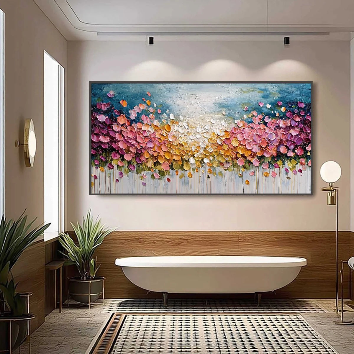 FLORAL CONFETTI: Vibrant Textured Palette Knife Floral Landscape Painting | black frame version on white wall
