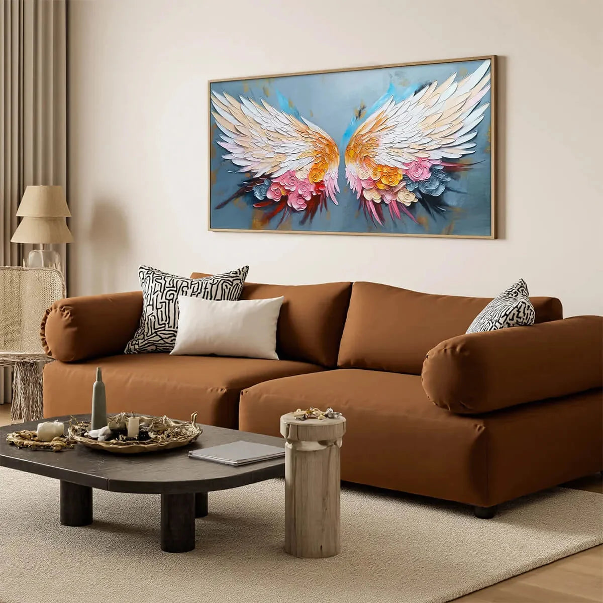 FLORAL FLIGHT: Textured Floral Wings Oil Painting on Canvas | gold frame stretched on neutral wall