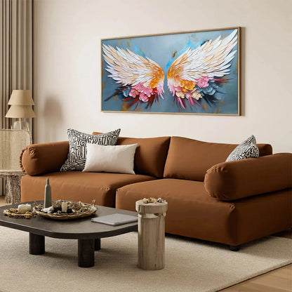 FLORAL FLIGHT: Textured Floral Wings Oil Painting on Canvas | gold frame stretched on neutral wall
