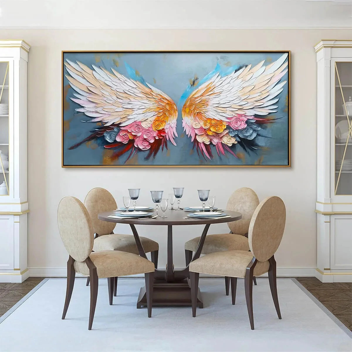 FLORAL FLIGHT: Textured Floral Wings Oil Painting on Canvas | black frame version on white wall