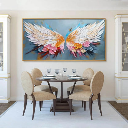 FLORAL FLIGHT: Textured Floral Wings Oil Painting on Canvas | black frame version on white wall
