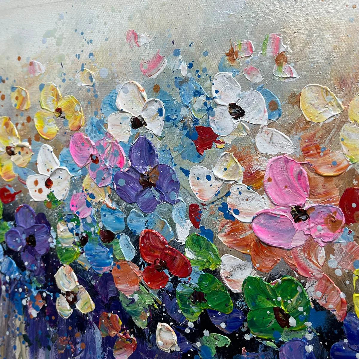 FLOWERFALL: Panoramic Abstract Floral Oil Painting with Watercolor Effect | gold frame stretched on neutral wall