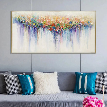 FLOWERFALL: Panoramic Abstract Floral Oil Painting with Watercolor Effect | rolled canvas, ready for custom framing