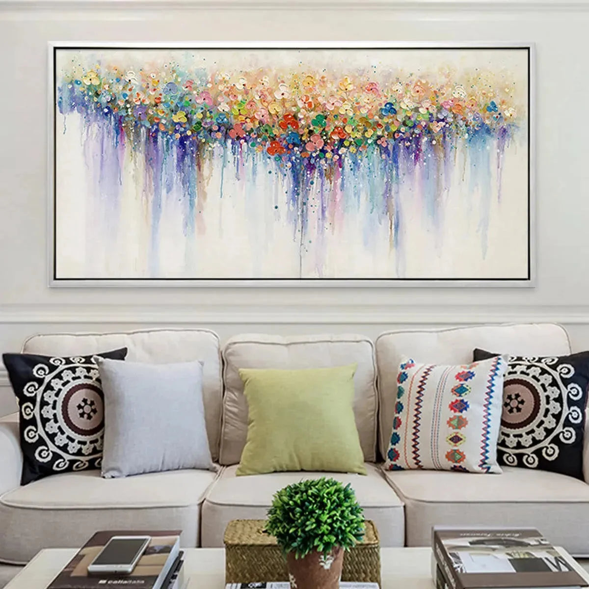 FLOWERFALL: Panoramic Abstract Floral Oil Painting with Watercolor Effect | texture detail, palette knife marks visible