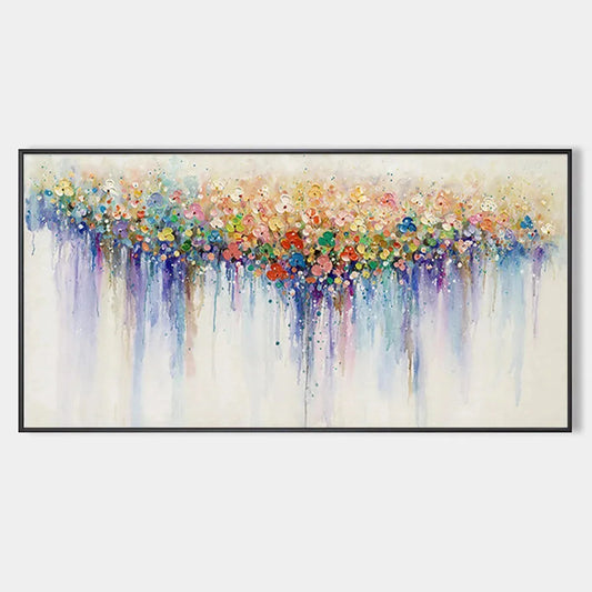 FLOWERFALL: Panoramic Abstract Floral Oil Painting with Watercolor Effect | hanging in FLOWERFALL: Panoramic Abstract Floral Oil Painting with Watercolor Effect featuring layered textured brushwork...