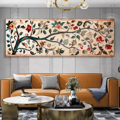 FLOWERING BRANCH TAPESTRY PANORAMIC: Floral Tapestry Painting, Panoramic Wall Art | Abstract closeup, raised brushwork detail