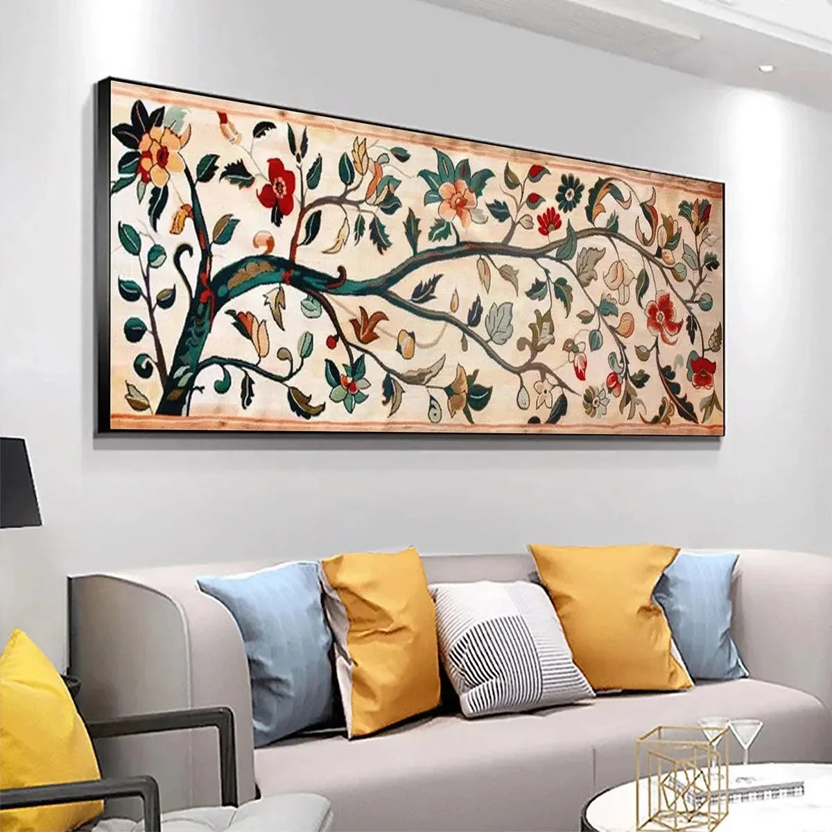 FLOWERING BRANCH TAPESTRY PANORAMIC: Floral Tapestry Painting, Panoramic Wall Art | gold frame stretched on neutral wall