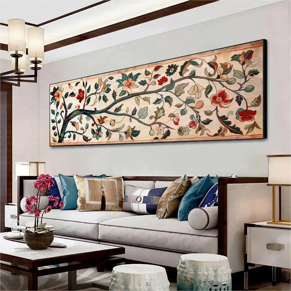 FLOWERING BRANCH TAPESTRY PANORAMIC: Floral Tapestry Painting, Panoramic Wall Art | rolled canvas, ready for custom framing