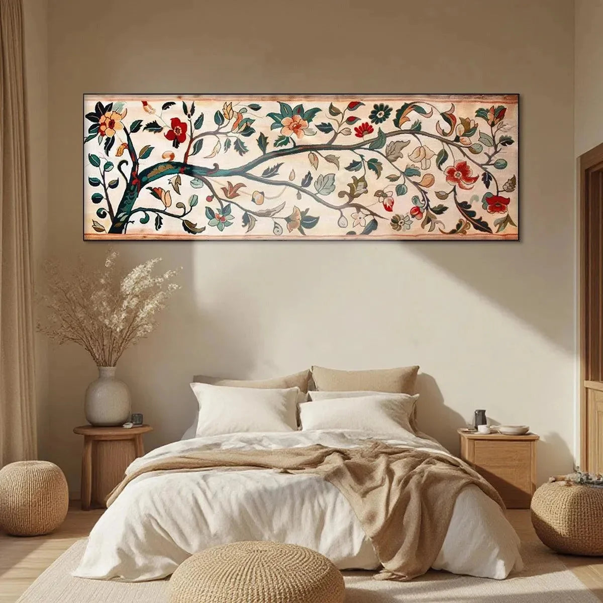 FLOWERING BRANCH TAPESTRY PANORAMIC: Floral Tapestry Painting, Panoramic Wall Art | Abstract mood, soft natural light studio shot