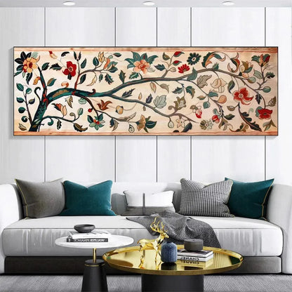 FLOWERING BRANCH TAPESTRY PANORAMIC: Floral Tapestry Painting, Panoramic Wall Art | beige palette, original Hand-painted on premium stretched canvas using artist-grade oils; rich layered surface co...