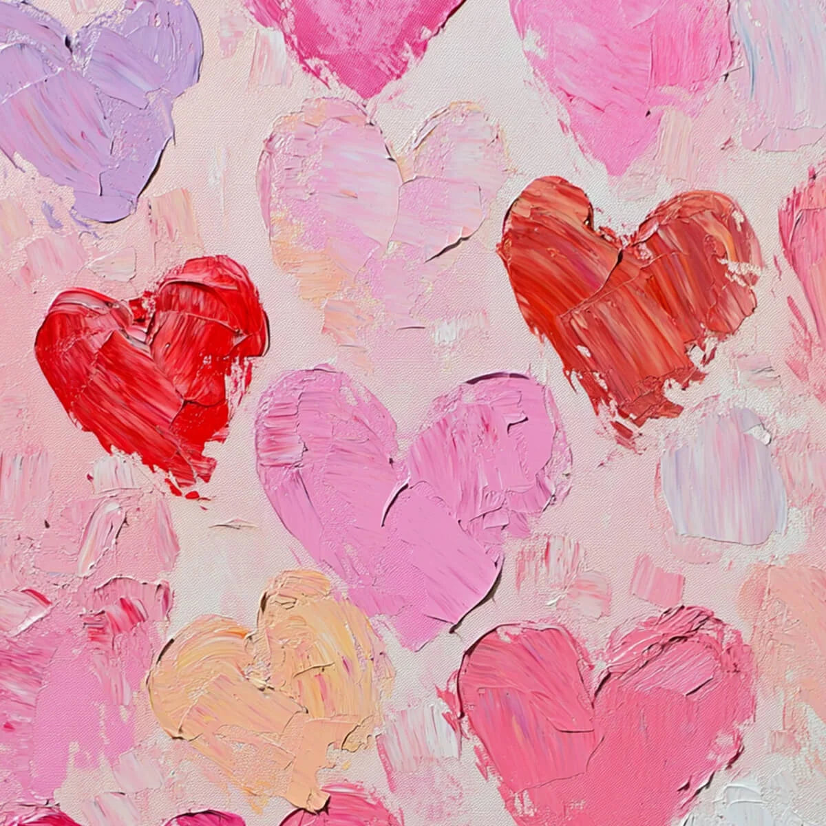 FLUTTERING HEARTS: Colorful Impasto Abstract Oil Painting of Hearts | rectangular format, hand-painted canvas edge