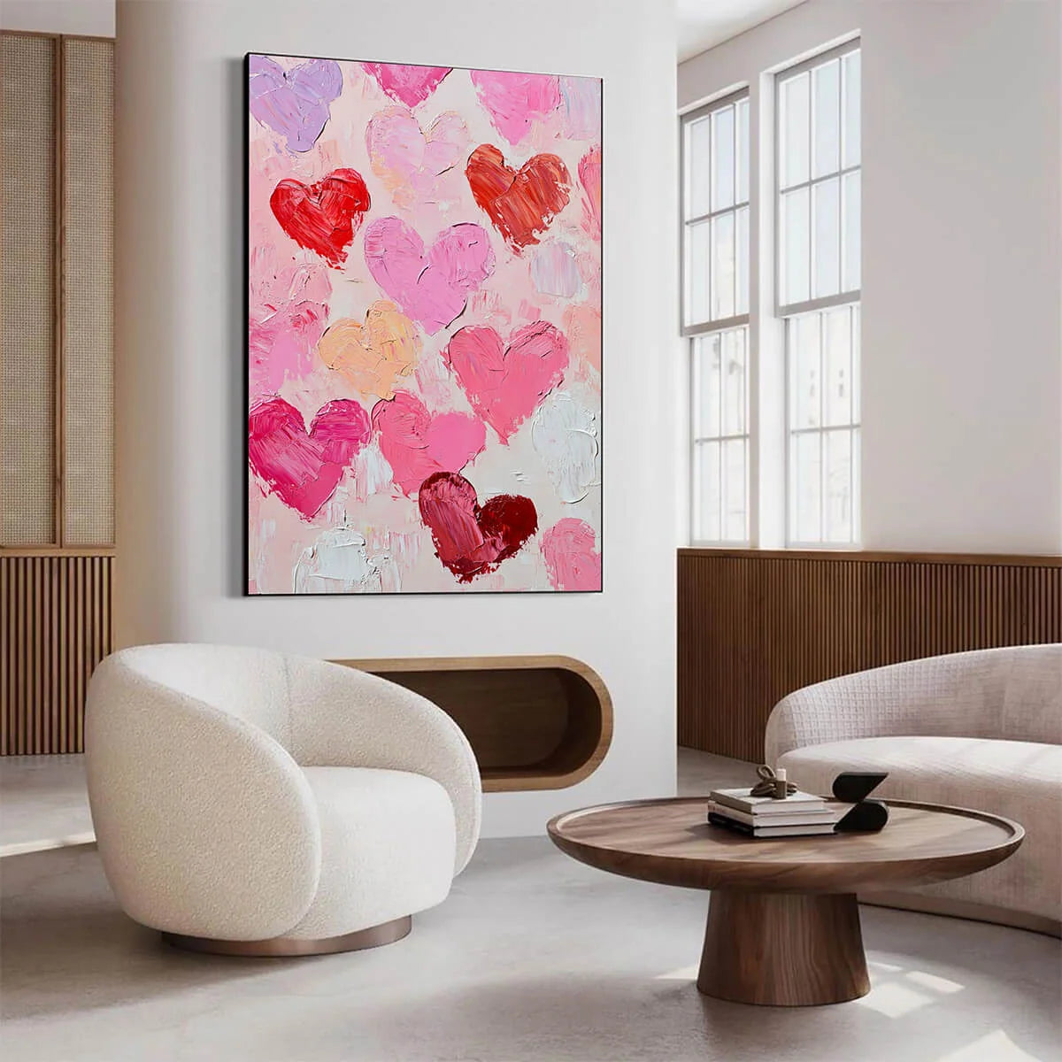 FLUTTERING HEARTS: Colorful Impasto Abstract Oil Painting of Hearts | gold frame stretched on neutral wall
