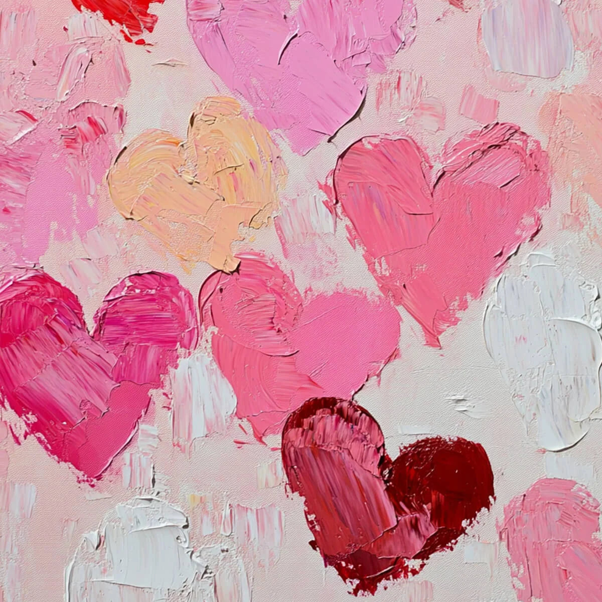 FLUTTERING HEARTS: Colorful Impasto Abstract Oil Painting of Hearts | black frame version on white wall
