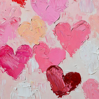 FLUTTERING HEARTS: Colorful Impasto Abstract Oil Painting of Hearts | black frame version on white wall