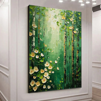 FOREST BLOOM: Textured Impasto Forest and Flowers Oil Painting | gold frame stretched on neutral wall