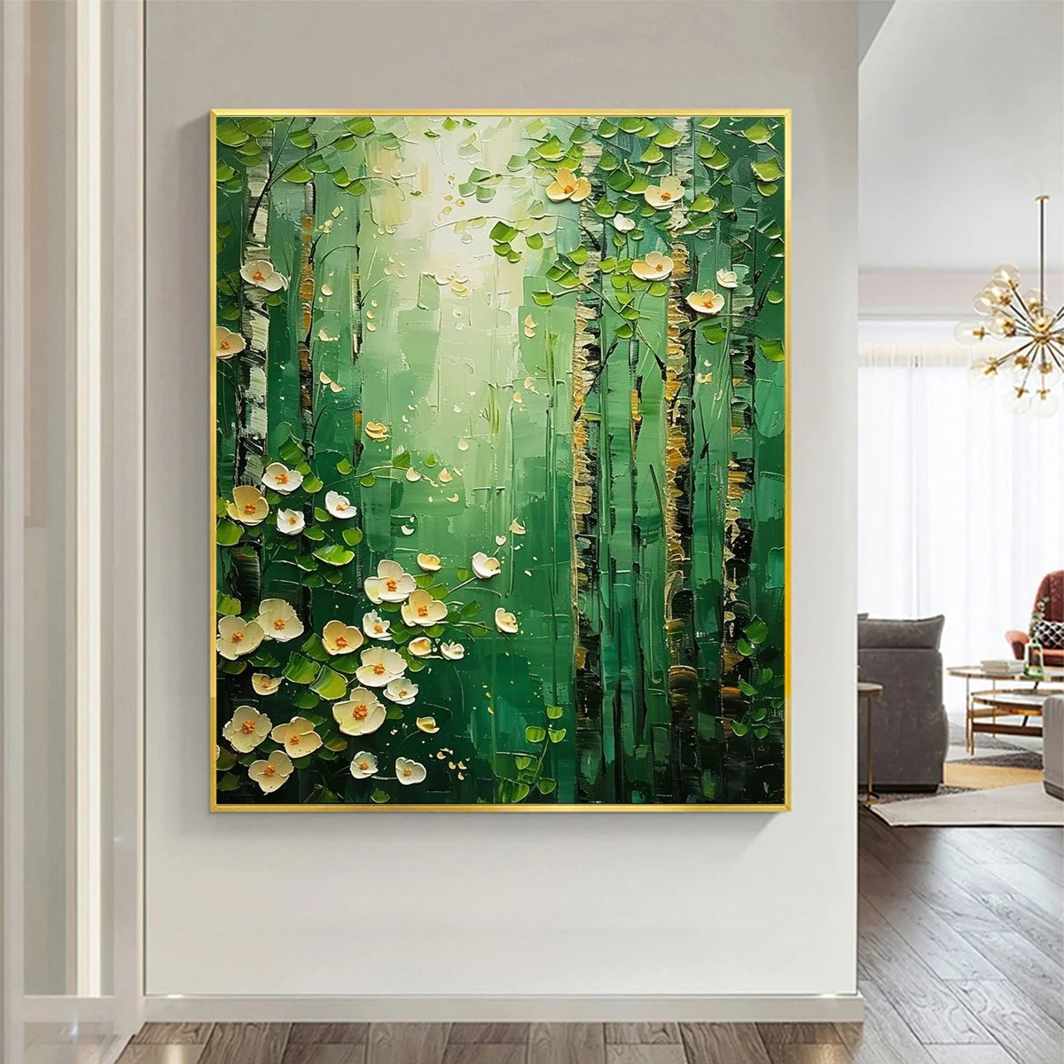 FOREST BLOOM: Textured Impasto Forest and Flowers Oil Painting | black frame version on white wall