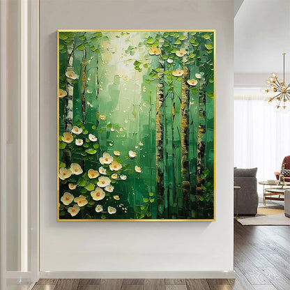 FOREST BLOOM: Textured Impasto Forest and Flowers Oil Painting | black frame version on white wall