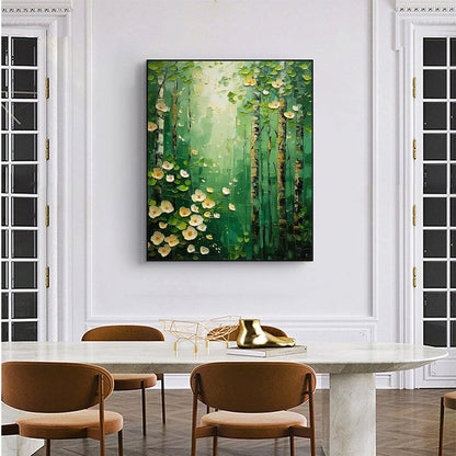 FOREST BLOOM: Textured Impasto Forest and Flowers Oil Painting | Abstract mood, soft natural light studio shot