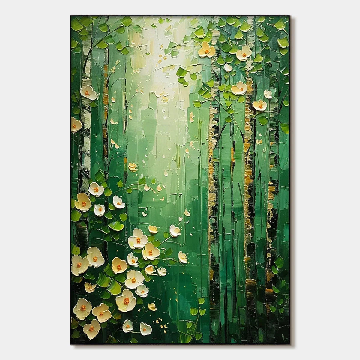 FOREST BLOOM: Textured Impasto Forest and Flowers Oil Painting | hanging in FOREST BLOOM: Textured Impasto Forest and Flowers Oil Painting featuring layered textured brushwork in refined tones; abs...