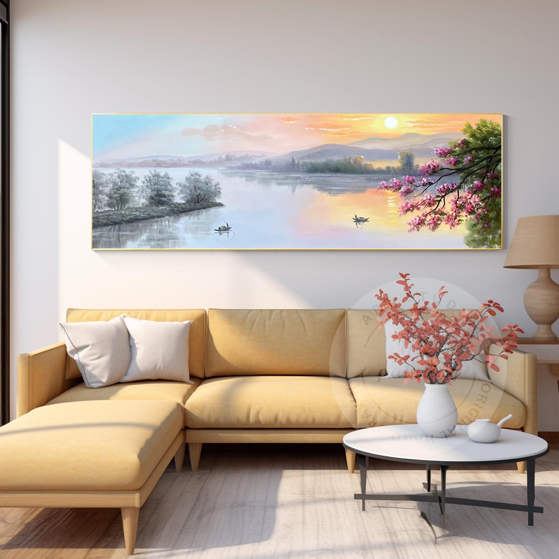 Forest Mountain River Sunrise Nature Landscape Oil Painting,Original Long Narrow #2