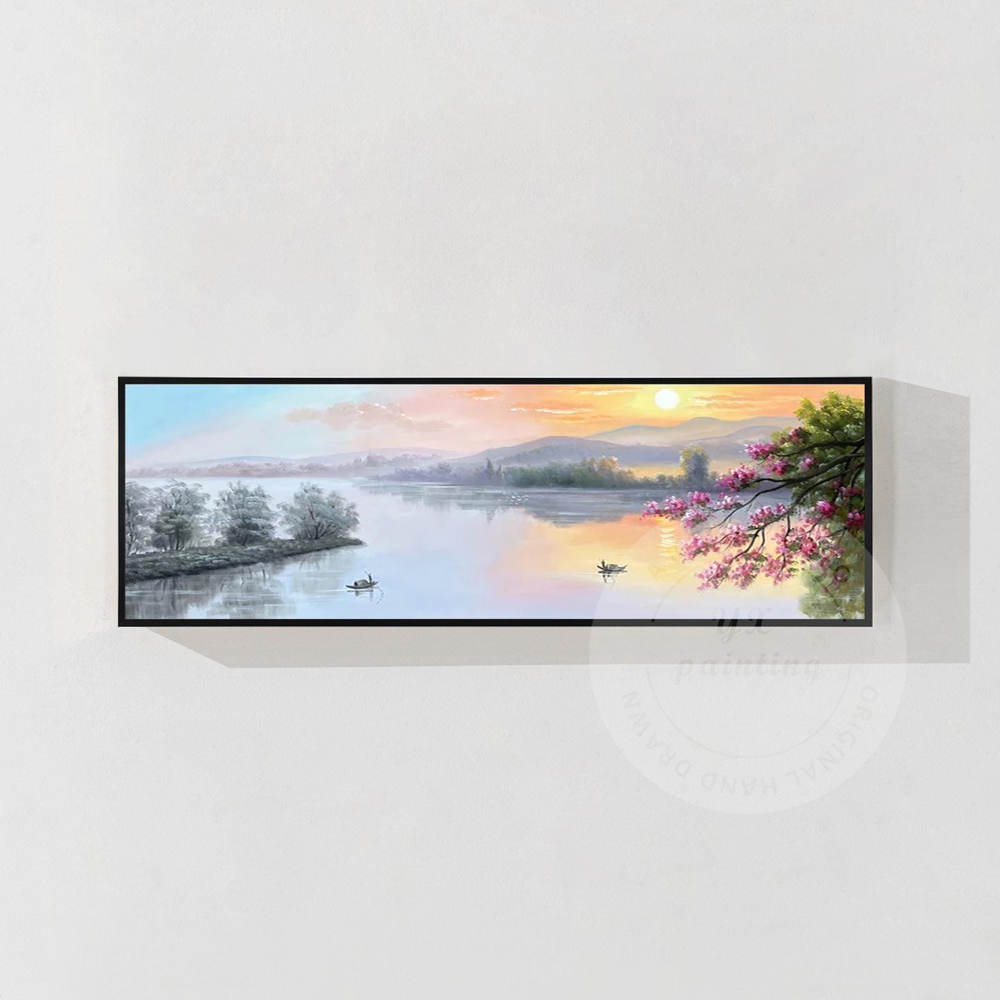 Forest Mountain River Sunrise Nature Landscape Oil Painting,Original Long Narrow #6
