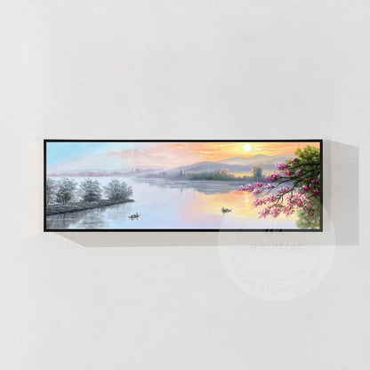 Forest Mountain River Sunrise Nature Landscape Oil Painting,Original Long Narrow #6