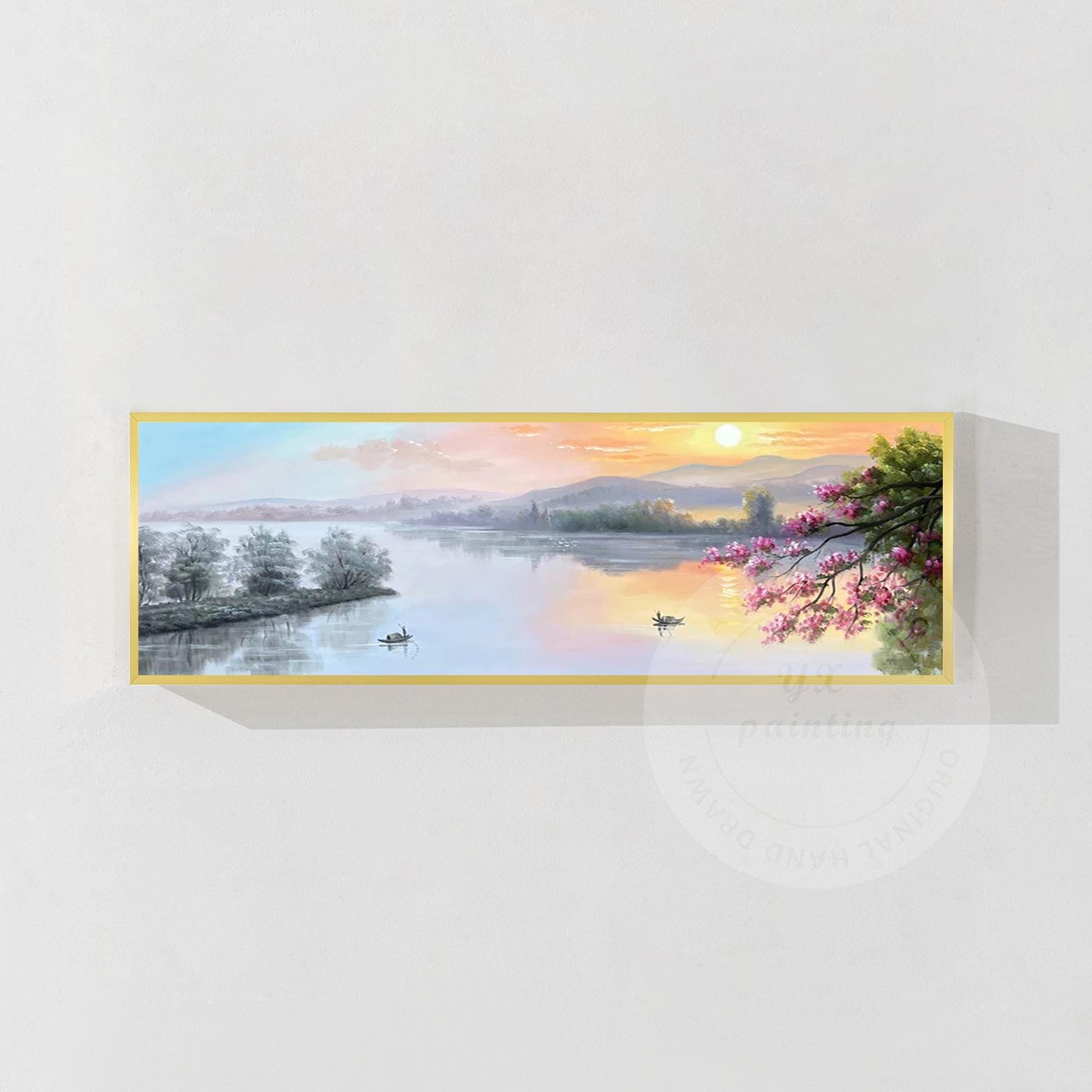 Forest Mountain River Sunrise Nature Landscape Oil Painting,Original Long Narrow #7
