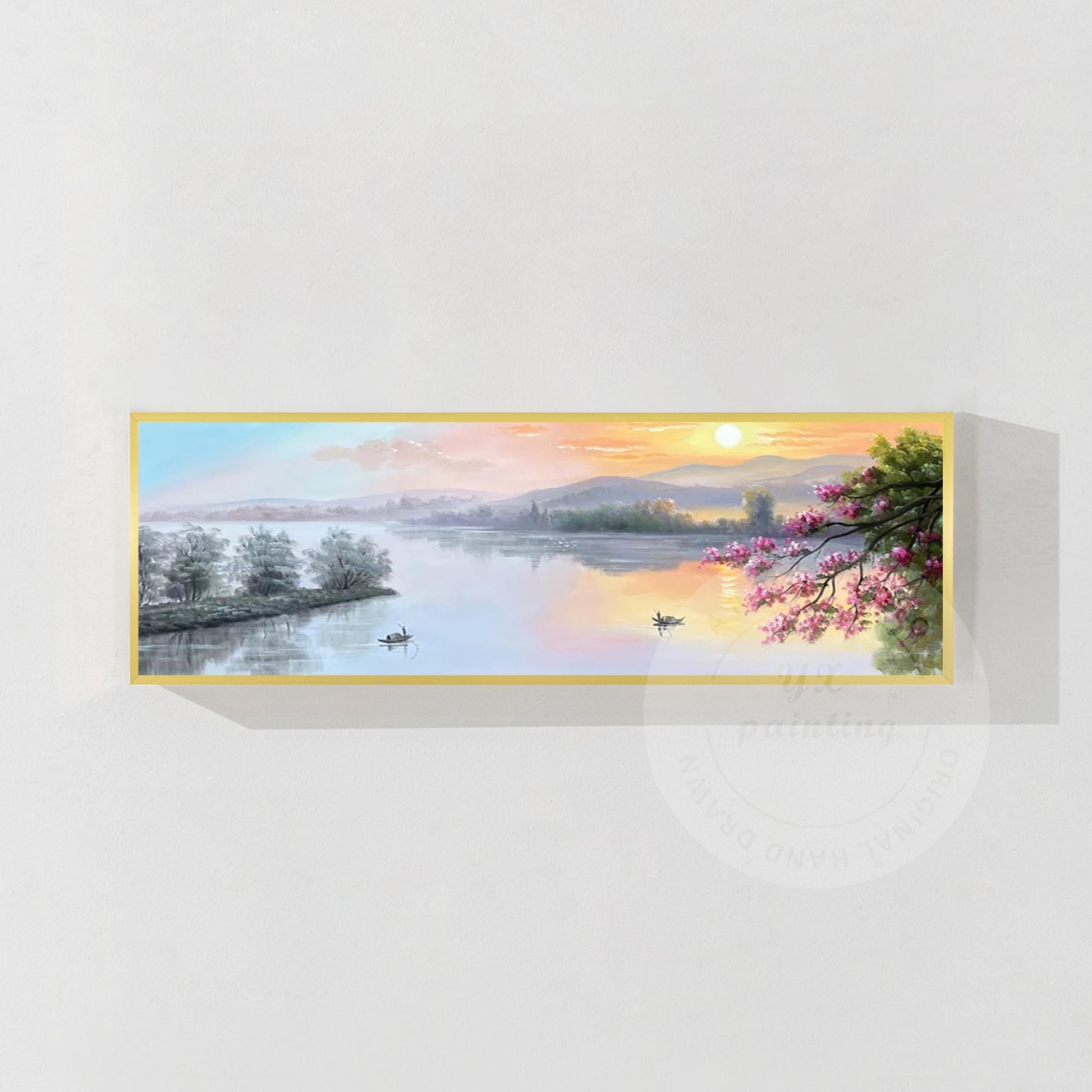 Forest Mountain River Sunrise Nature Landscape Oil Painting,Original Long Narrow #7